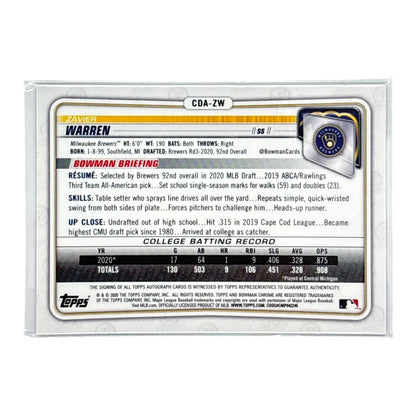 TOPPS MLBカード BOWMAN CHROME 1ST ZAVIER WARREN MILWAUKEE BREWERS /250 #CDA-ZW 中古 IT1