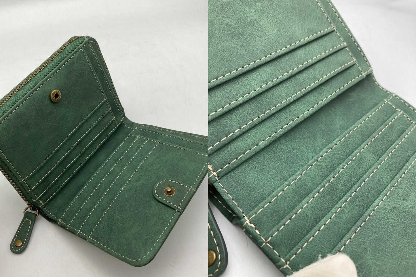 SNOOPY スヌーピー 2つ折り財布 コンパクト ラウンドファスナー 刺繍 グリーン 中古 D4