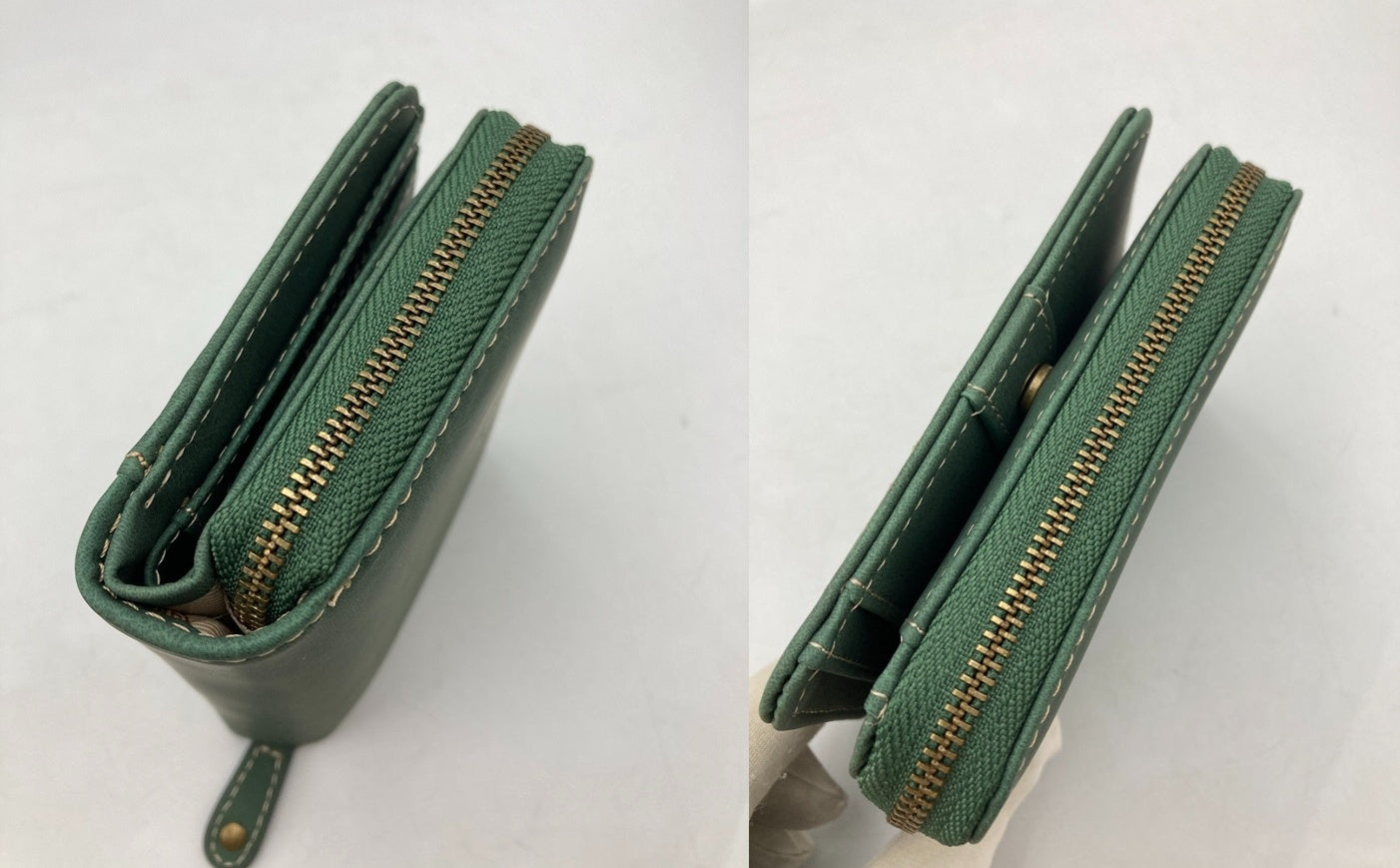 SNOOPY スヌーピー 2つ折り財布 コンパクト ラウンドファスナー 刺繍 グリーン 中古 D4