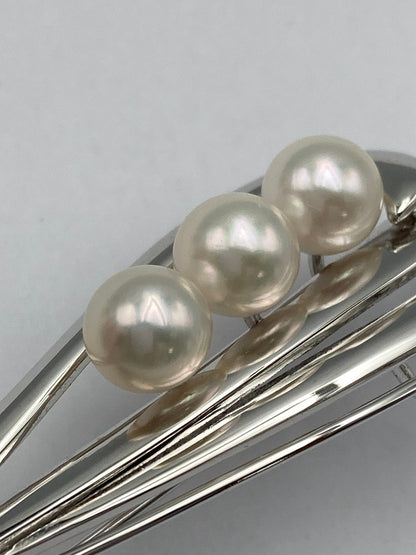 SILVER 6.0mmパール 3連 ブローチ リーフ 中古 D4