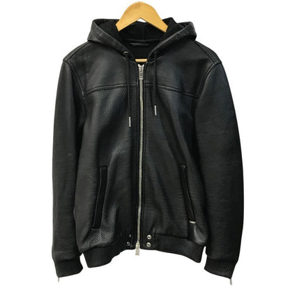 DIESEL ディーゼル レザーパーカー メンズ シープスキン 羊革 フルジップ ジャケット エンボス加工 フード ブラック Mサイズ 中古 T1