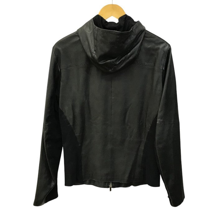 EMPORIO ARMANI エンポリオアルマーニ レザージャケット メンズ ラムレザー フルジップ フード 異素材 切り替え ブラック 48サイズ P1R10P P1P17 中古 T1
