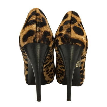 FENDI フェンディ パンプス レディース レオパード ハラコ オープントゥ ハイヒール ピンヒール 37.5 ブラウン 中古 T1