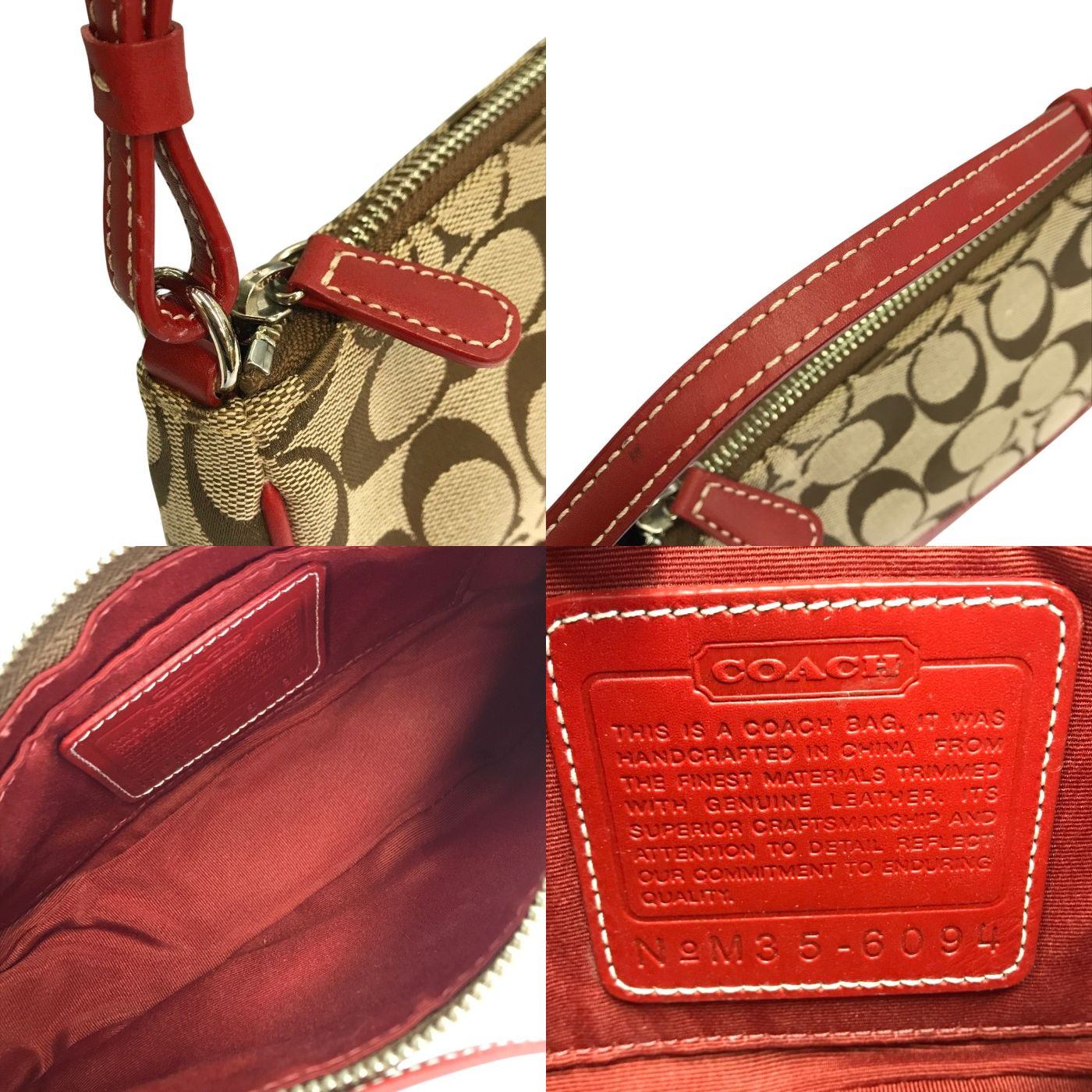 COACH コーチ アクセサリーポーチ レディース キャンバス/レザー ハンドバッグ ミニ カーキ/レッド 6094 中古 T1