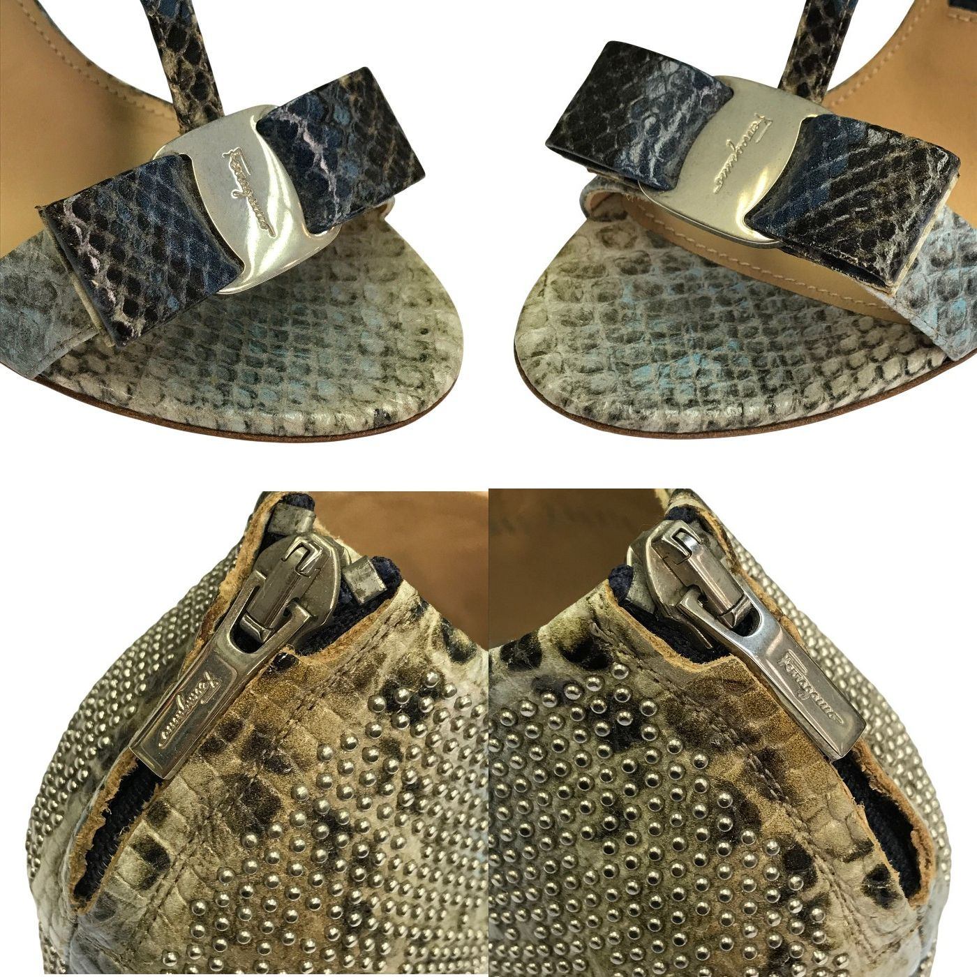 Salvatore Ferragamo フェラガモ サンダル レディース パイソン柄 型押しレザー ヴァラリボン スタッズ ハイヒール グレー系 5.5サイズ 中古 T1