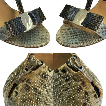 Salvatore Ferragamo フェラガモ サンダル レディース パイソン柄 型押しレザー ヴァラリボン スタッズ ハイヒール グレー系 5.5サイズ 中古 T1
