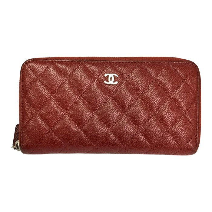 CHANEL シャネル マトラッセ 長財布 レディース ラウンドジップ ファスナー キャビアスキン キルティング レッド/シルバー金具 A50097 中古 T1