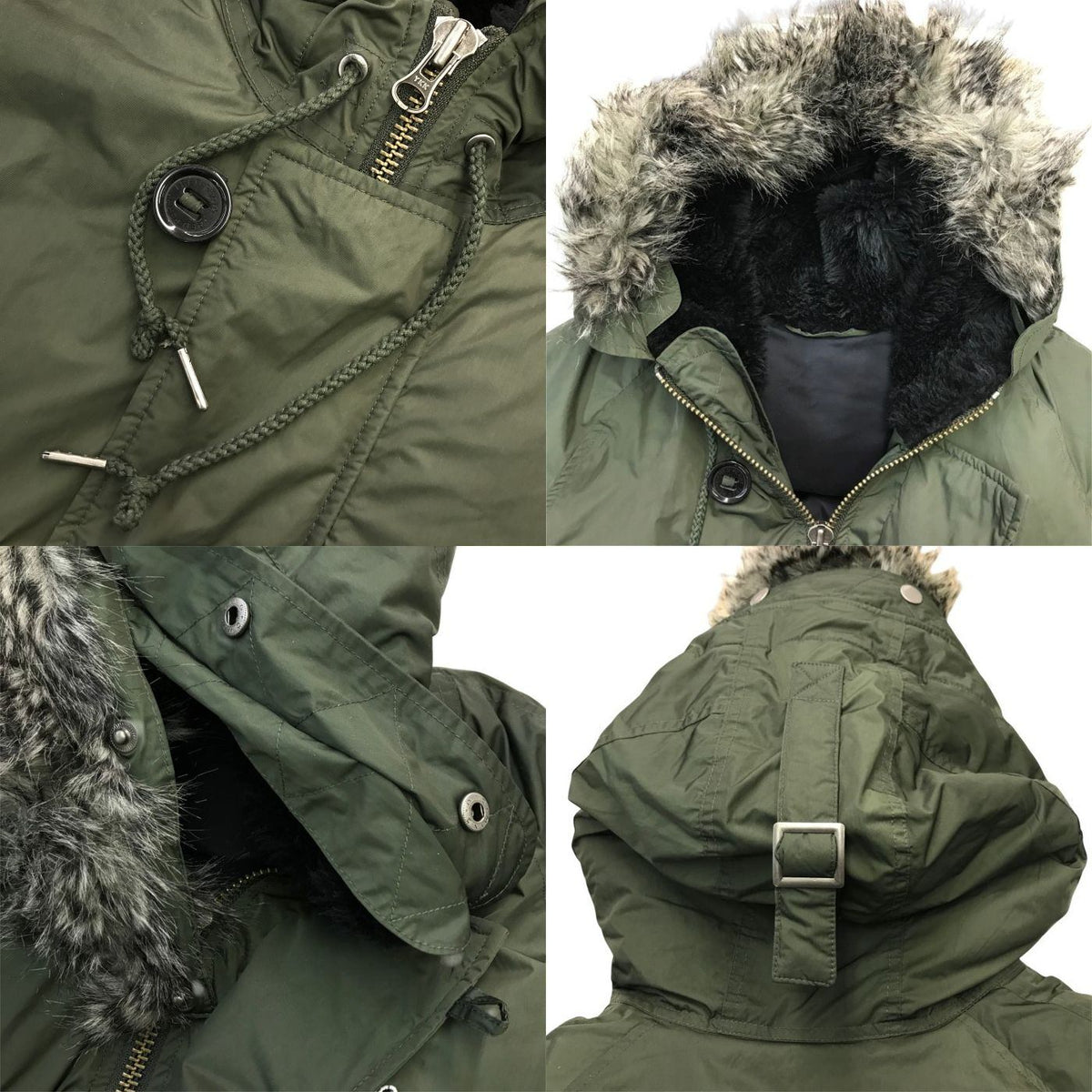 FRED PERRY フレッドペリー ダウンジャケット メンズ ミリタリー コート N-3B フード ファー Mサイズ カーキグリーン J4237 中古 T1