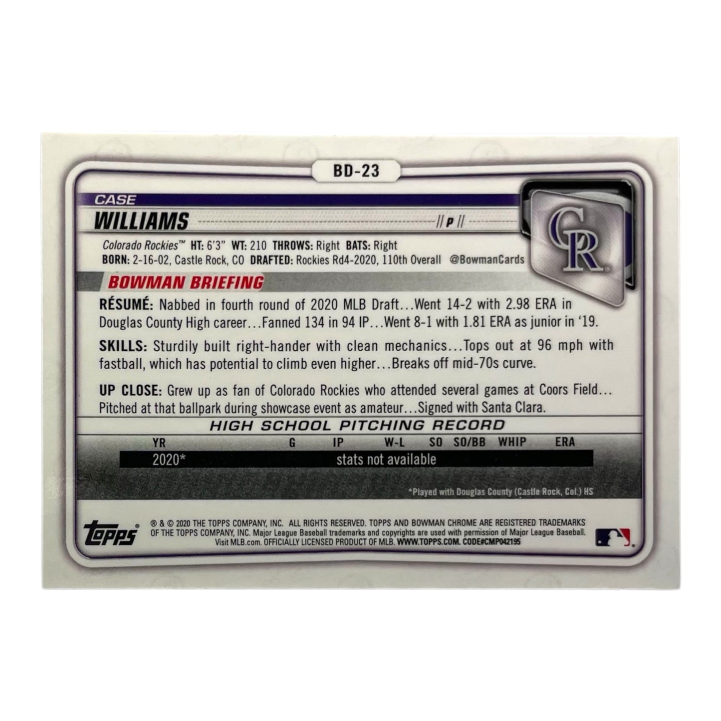 TOPPS MLBカード BOWMAN CHROME 1ST CASE WILLIAMS COLORADO ROCKIES #BD-23 中古 IT2