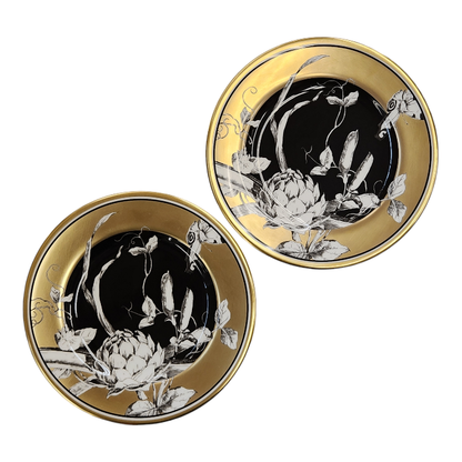 MINTON ミントン ROSENBORG ローゼンブルグ プレート 2枚セット 16.5cm ペア 陶磁器 金彩 花 ボタニカル ホワイト/ブラック/ゴールド ROSENB6P 中古 T1