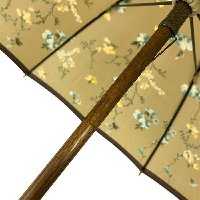 雨傘 レディース 手開き式 長傘 花柄 16本骨 レザーハンドル ベージュ/ブラウン 中古 T1