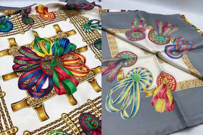 HERMES エルメス カレ90 LES RUBANS DU CHEVAL 馬のリボン スカーフ グレー 中古 D4