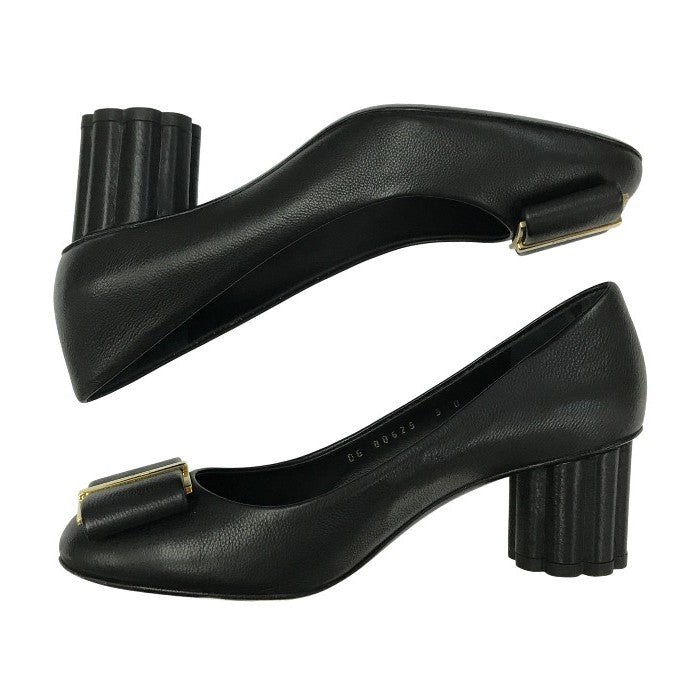 Salvatore Ferragamo フェラガモ CAPUA55 パンプス レディース レザー 変形 太ヒール ブラック 5Dサイズ 中古 T1