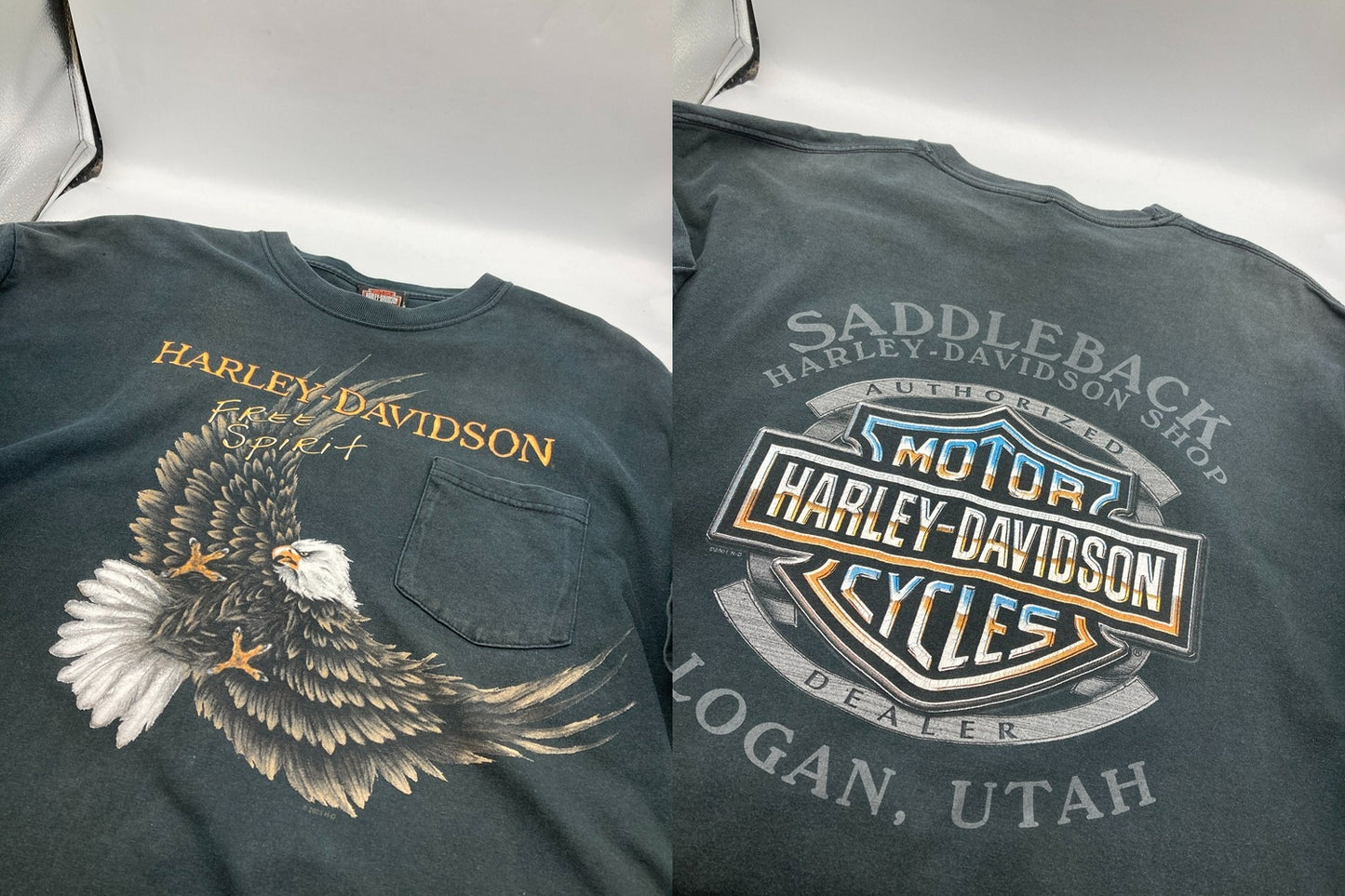 ヘインズ Hanes Harley-Davidson ハーレーダビッドソン ポケット プリントTシャツ イーグル サイズXL 中古 D4