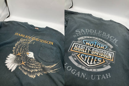ヘインズ Hanes Harley-Davidson ハーレーダビッドソン ポケット プリントTシャツ イーグル サイズXL 中古 D4