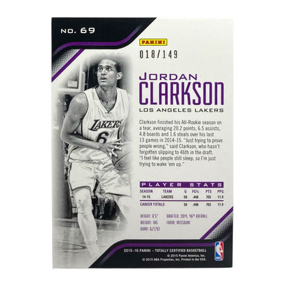 PANINI NBAカード TOTALLY CERTIFIED JORDAN CLARKSON LOS ANGELES LAKERS /149 #69 中古 IT2