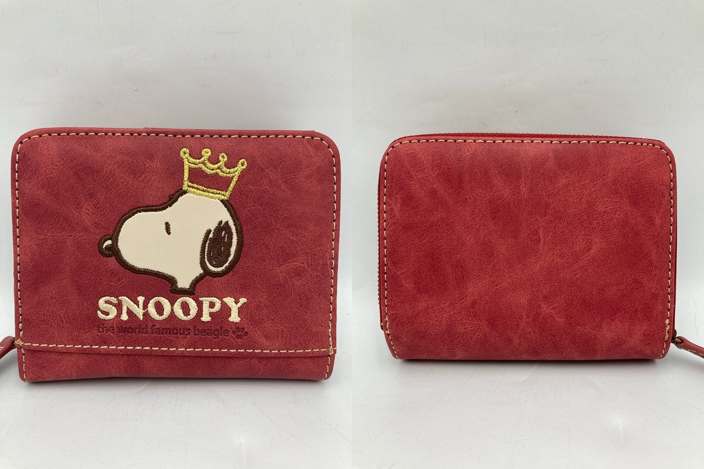 SNOOPY スヌーピー 2つ折り財布 コンパクト ラウンドファスナー 刺繍 レッド 中古 D4