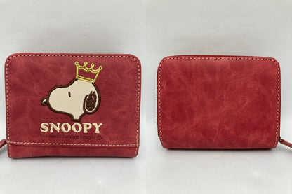 SNOOPY スヌーピー 2つ折り財布 コンパクト ラウンドファスナー 刺繍 レッド 中古 D4