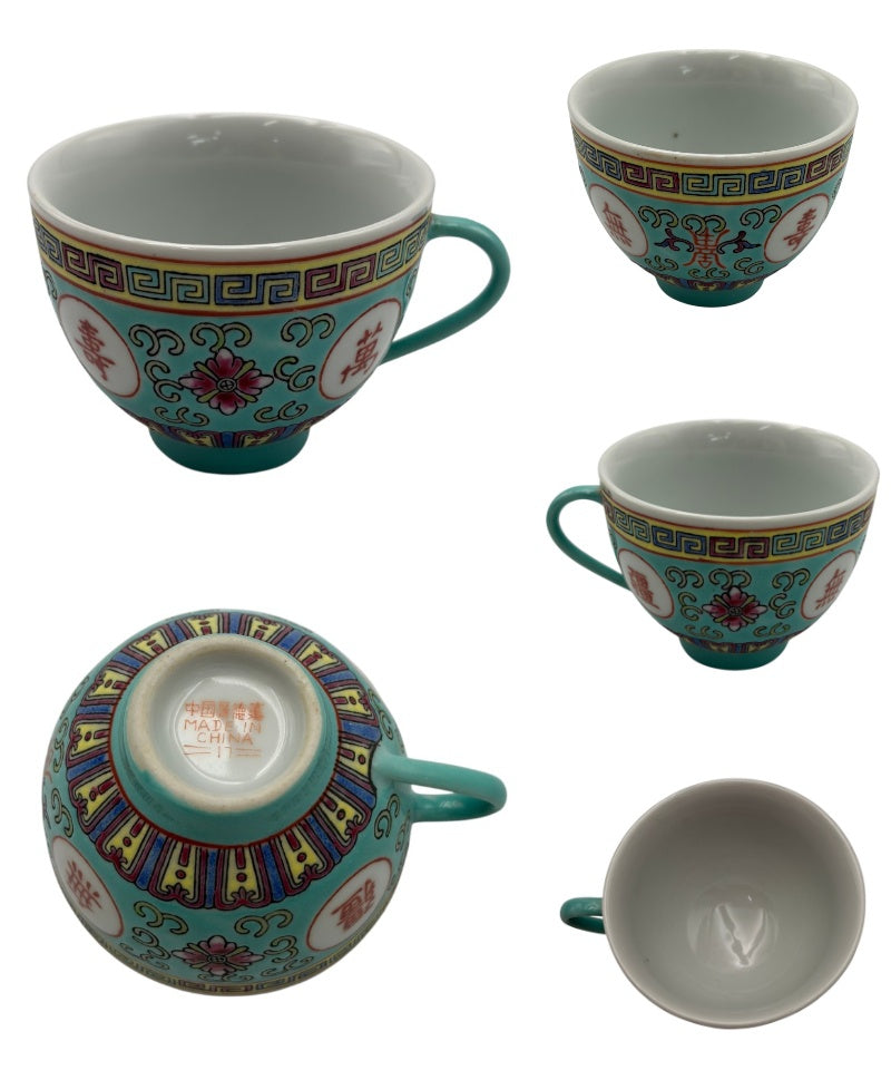 中国 景徳鎮 萬壽無疆 茶器セット 中国茶器 カップ ポット 茶盤 ターコイズ おしゃれ インテリア 中古 W４