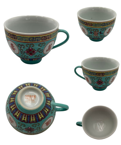 中国 景徳鎮 萬壽無疆 茶器セット 中国茶器 カップ ポット 茶盤 ターコイズ おしゃれ インテリア 中古 W４