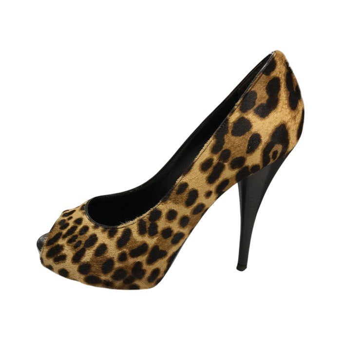 FENDI フェンディ パンプス レディース レオパード ハラコ オープントゥ ハイヒール ピンヒール 37.5 ブラウン 中古 T1