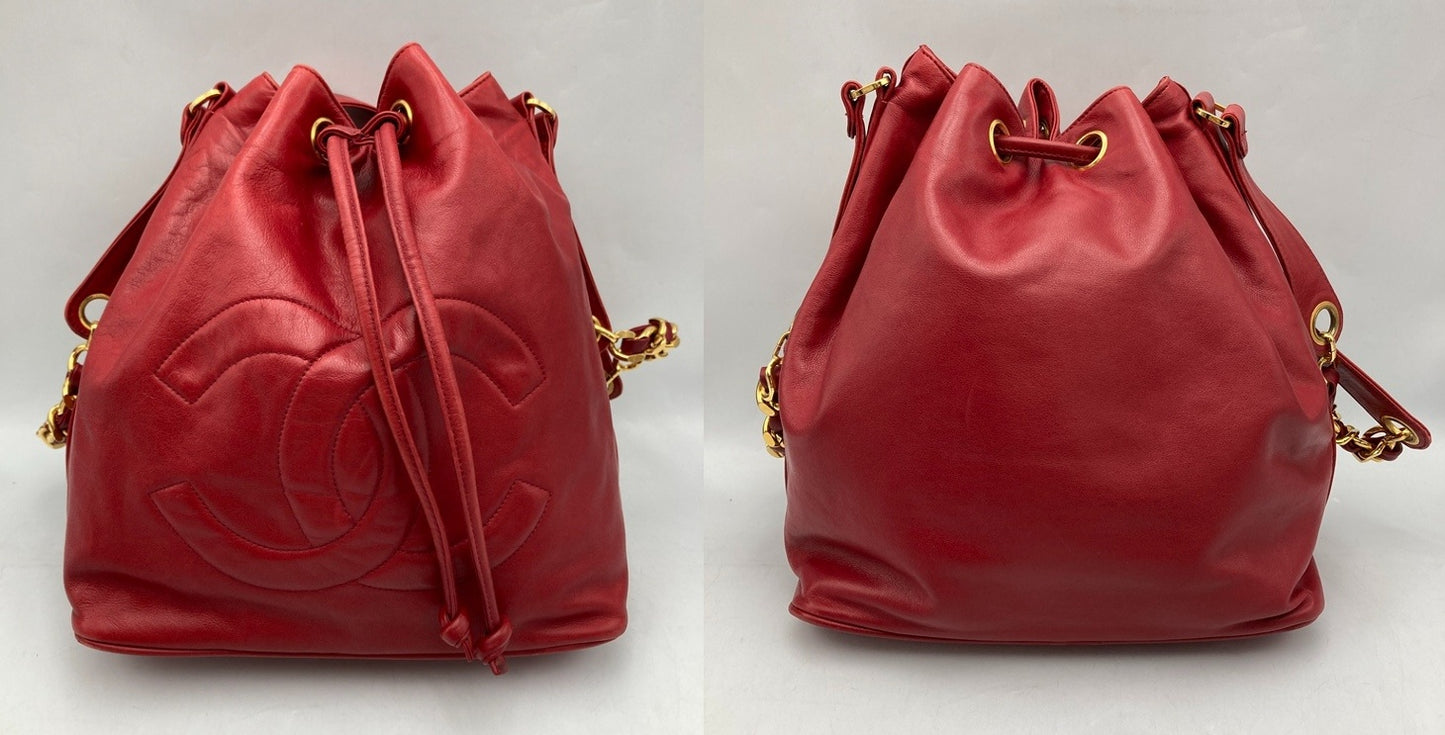 CHANEL シャネル ラムスキン ショルダーバッグ レディース 巾着 チェーンショルダー レッド 中古 D4