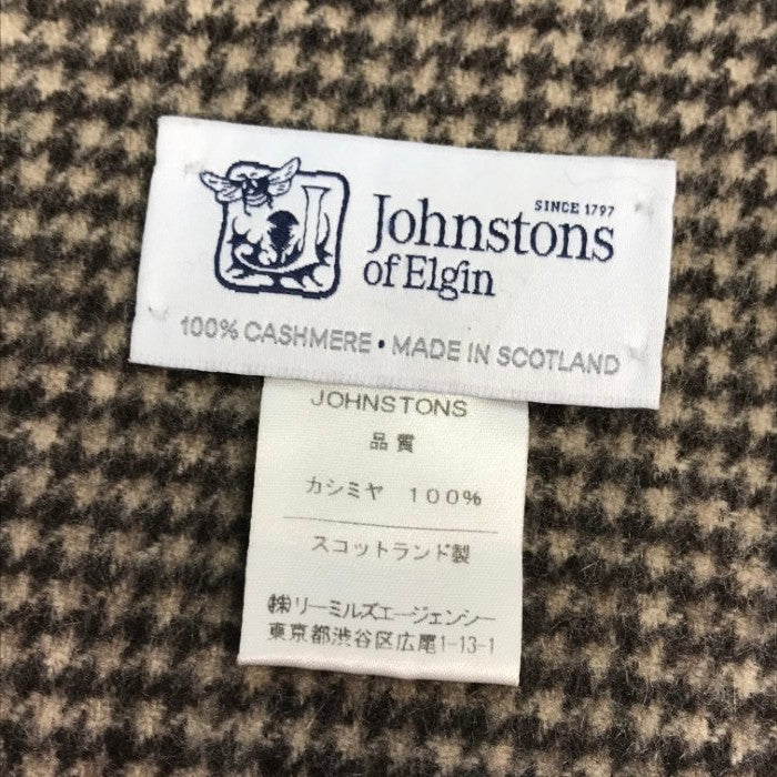 Johnstons of Elgin ジョンストンズ カシミヤマフラー レディース 千鳥格子柄 フリンジ ブラウン 184×35cm 中古 T1