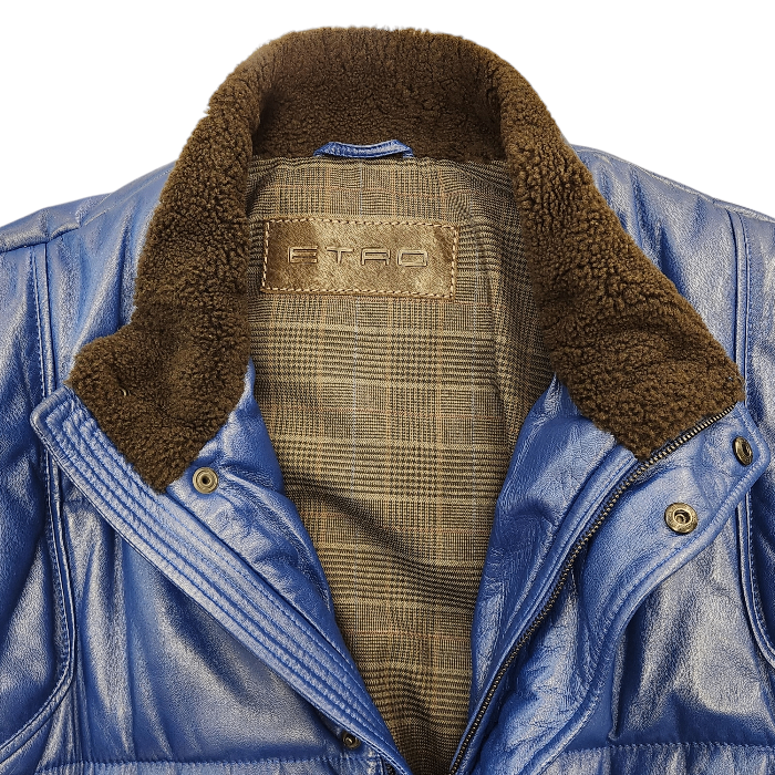 ETRO エトロ ブルゾン メンズ 冬 ラムレザー ジャケット 羊革 裏地ペイズリー 中わた 襟ボア ブルー 2XLサイズ 122-12454-9691 中古 T1