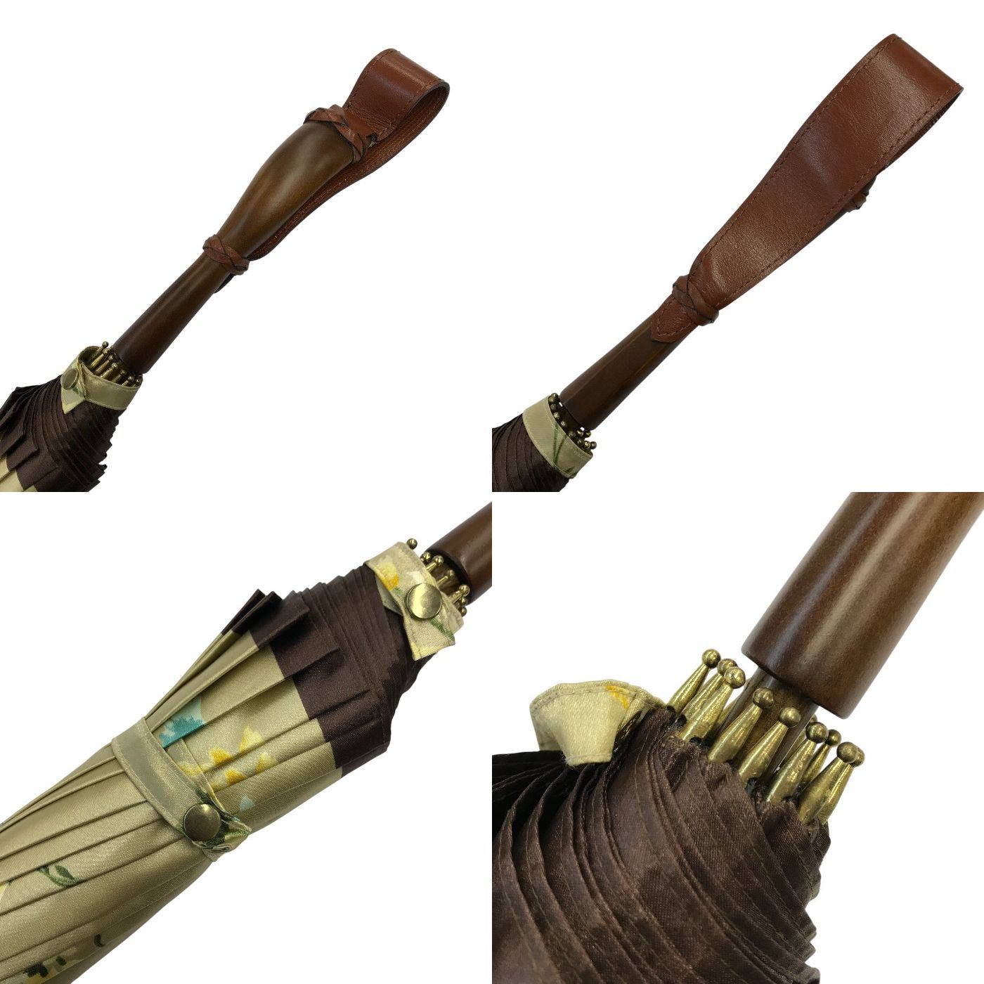 雨傘 レディース 手開き式 長傘 花柄 16本骨 レザーハンドル ベージュ/ブラウン 中古 T1