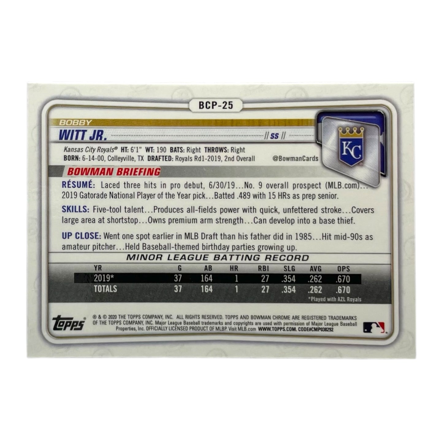 TOPPS MLBカード BOWMAN CHROME 1ST BOBBY WITT JR. KANSAS CITY ROYALS #BCP-25 中古 IT2
