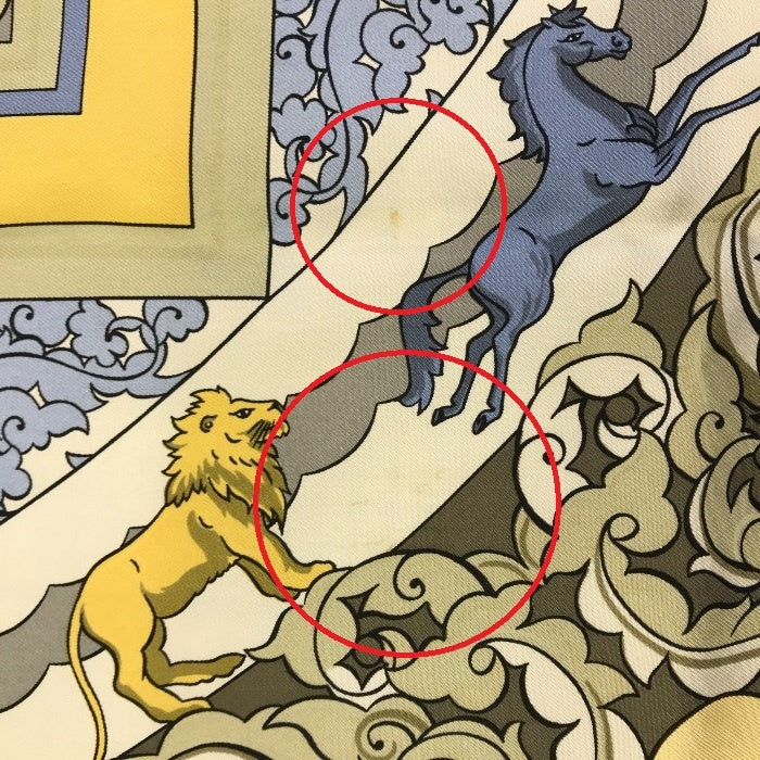 HERMES エルメス カレ90 ANIMAUX SOLAIRES 太陽の動物たち スカーフ レディース シルク 馬 ライオン 鷹 鹿 イエロー/ブルー/ブラウン 中古 T1