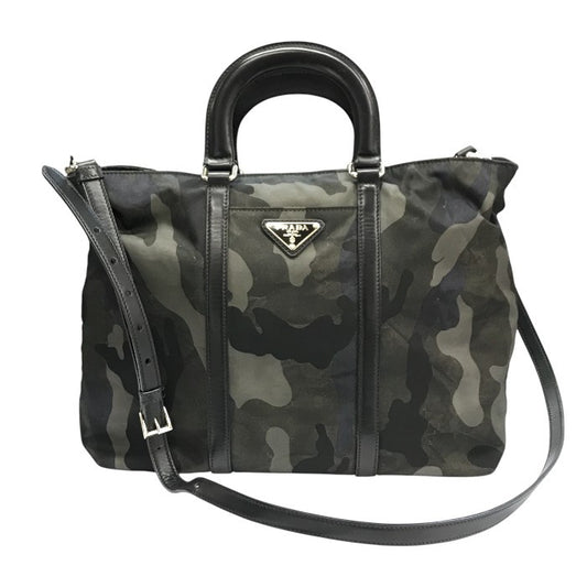 PRADA プラダ ハンドバッグ レディース 2way ショルダー カモフラージュ 迷彩柄 ナイロン 斜め掛け 三角プレート カーキグリーン 中古 T1