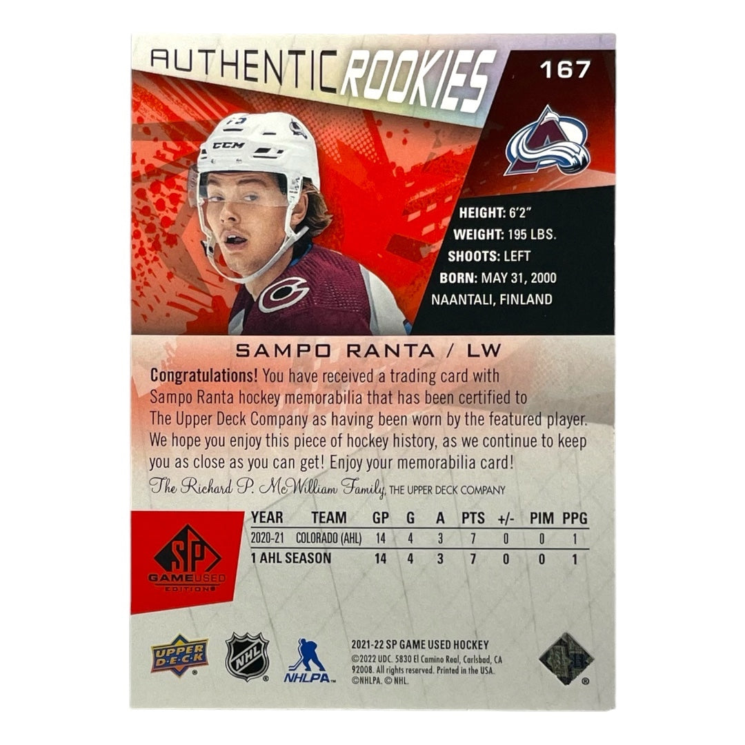 UPPER DECK NHLカード SP GAME USED SAMPO RANTA COLORADO AVALANCHE #167 中古 IT2