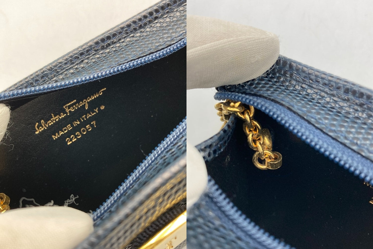 Salvatore Ferragamo フェラガモ ヴァラリボン リザード調 型押しレザー ポーチ 223057 中古 D4