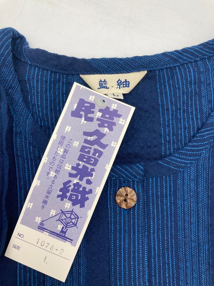 久留米織 しじら 藍紬 半袖ブラウス 1076-2 サイズL レディース 中古 D4