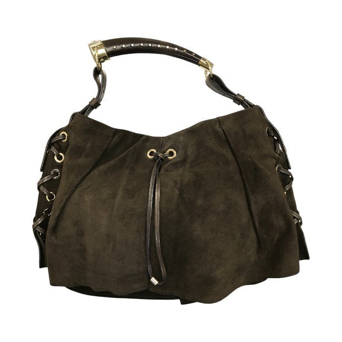 YVES SAINT LAURENT イブサンローラン リヴゴーシュ モンバサ ワンショルダー レディース スウェード プリーツ 角型ハンドル 半月 ブラウン 中古 T1