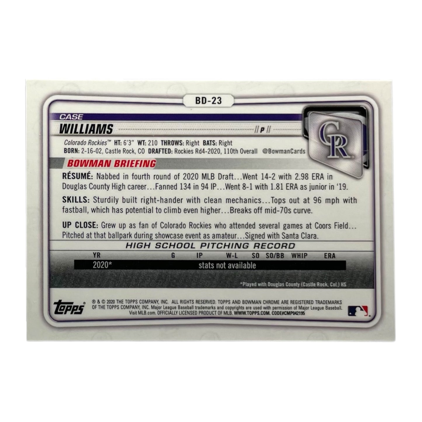 TOPPS MLBカード BOWMAN CHROME 1ST CASE WILLIAMS COLORADO ROCKIES /150 #BD-23 中古 IT2