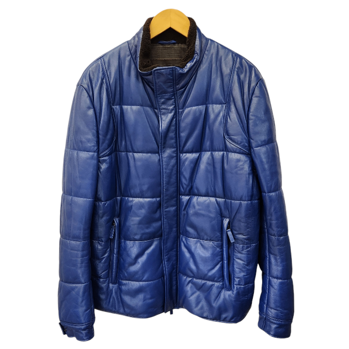 ETRO エトロ ブルゾン メンズ 冬 ラムレザー ジャケット 羊革 裏地ペイズリー 中わた 襟ボア ブルー 2XLサイズ 122-12454-9691 中古 T1