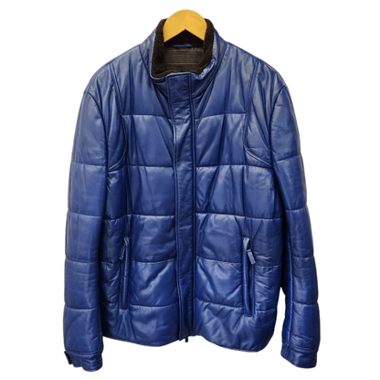 ETRO エトロ ブルゾン メンズ 冬 ラムレザー ジャケット 羊革 裏地ペイズリー 中わた 襟ボア ブルー 2XLサイズ 122-12454-9691 中古 T1