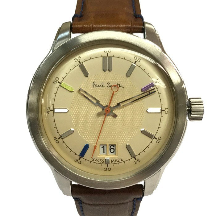 Paul Smith ポールスミス ケンブリッジ ビッグデイト 腕時計 メンズ アナログ クォーツ レザーベルト SS シルバー/ブラウン YA30-S084270 中古 T1