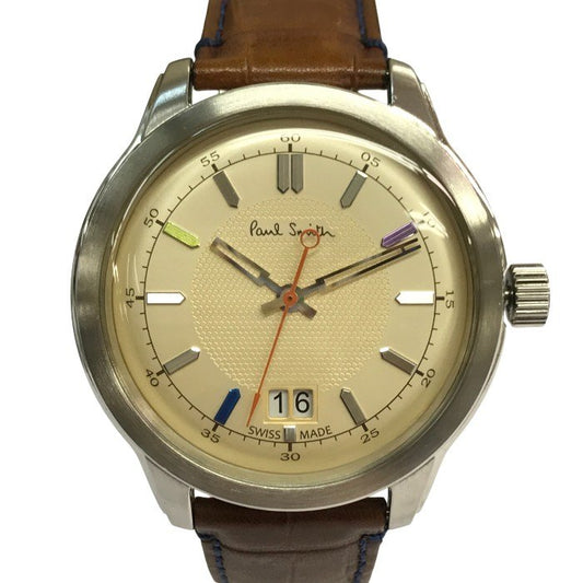 Paul Smith ポールスミス ケンブリッジ ビッグデイト 腕時計 メンズ アナログ クォーツ レザーベルト SS シルバー/ブラウン YA30-S084270 中古 T1