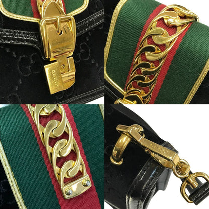 GUCCI グッチ シルヴィ ショルダーバッグ レディース ベロア GG柄 ゴールドチェーン 斜め掛け シェリー ブラック 524405 493075 中古 T1