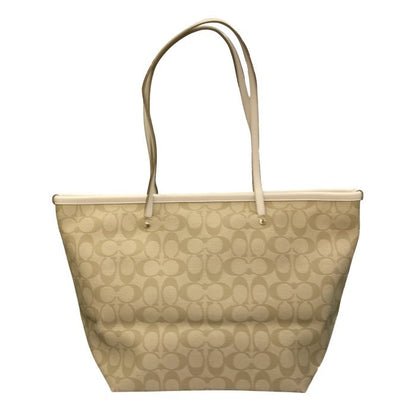 COACH コーチ トートバッグ レディース PVCシグネチャー ジップ ショルダー 通勤 ライトカーキ/ホワイト F34104 中古 T1