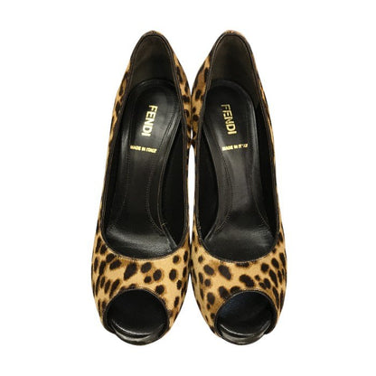 FENDI フェンディ パンプス レディース レオパード ハラコ オープントゥ ハイヒール ピンヒール 37.5 ブラウン 中古 T1