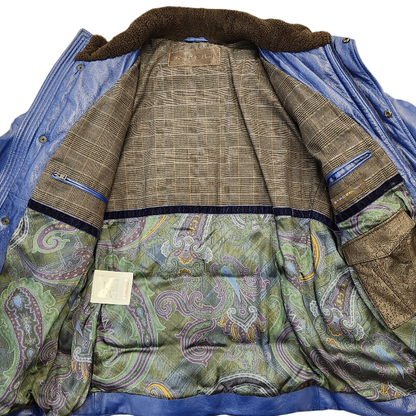 ETRO エトロ ブルゾン メンズ 冬 ラムレザー ジャケット 羊革 裏地ペイズリー 中わた 襟ボア ブルー 2XLサイズ 122-12454-9691 中古 T1