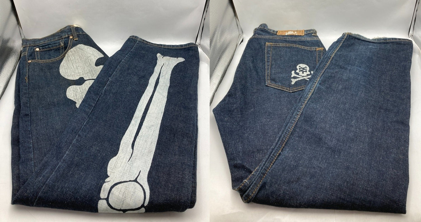 ZOO YORK ズーヨーク ボーンプリント デニムパンツ 34インチ メンズ 中古 D4