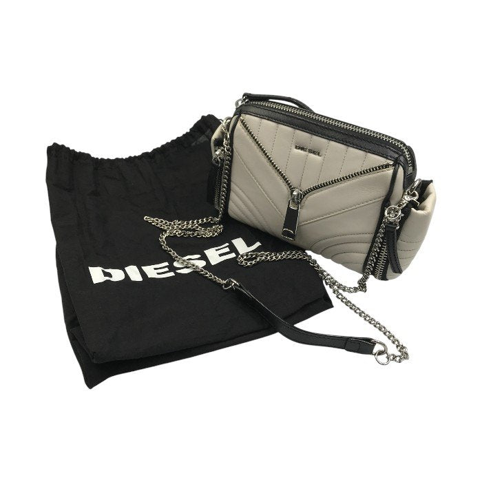 DIESEL ディーゼル LE-ZIPPER ショルダーバッグ レディース クラッチ レザー チェーン 斜め掛け 2way ジップ モノトーン ホワイト/ブラック 中古 T1