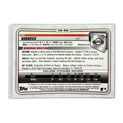 TOPPS MLBカード BOWMAN CHROME 1ST RJ DABOVICH SAN FRANCISCO GIANTS /150 #CDA-RDA 中古 IT1