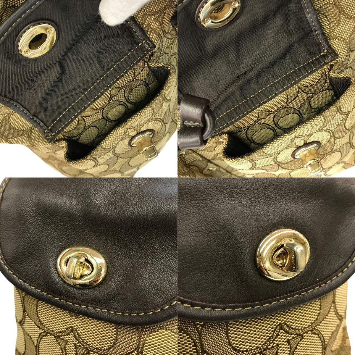 COACH コーチ シグネチャー リュック レディース バックパック デイパック 巾着 ターンロック ベージュ/ブラウン 中古 T1