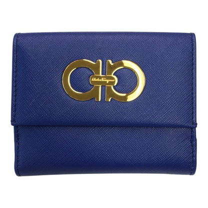 Salvatore Ferragamo フェラガモ 財布 レディース 二つ折り ダブルホック レザー ガンチーニ コンパクトウォレット ゴールド金具 ブルー 中古 T1